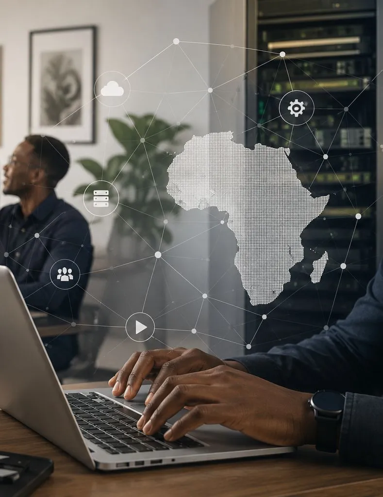 Professional working on a laptop, with a map of Africa overlaid